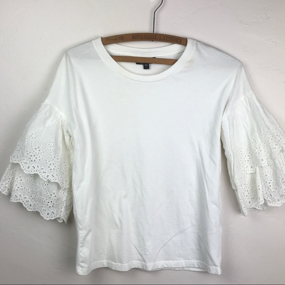 TOPSHOP White Eyelet Double Layer Sleeve Tee Shirt - Picture 2 of 15